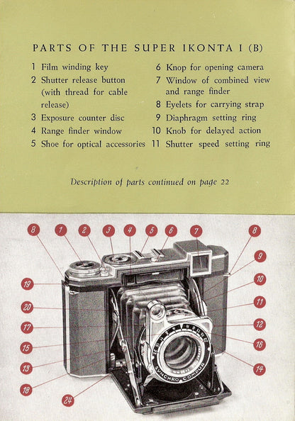 Super Ikonta I (B) Instruction book (Stuttgart) (Original). Free shipping! - Zeiss-Ikon- Petrakla Classic Cameras