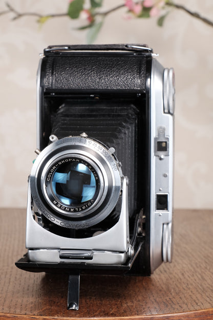 1953 Voigtlander 6x9 Bessa II with Color-Skopar lens, complete with hard to find reduction mask! Freshly serviced, CLA'd